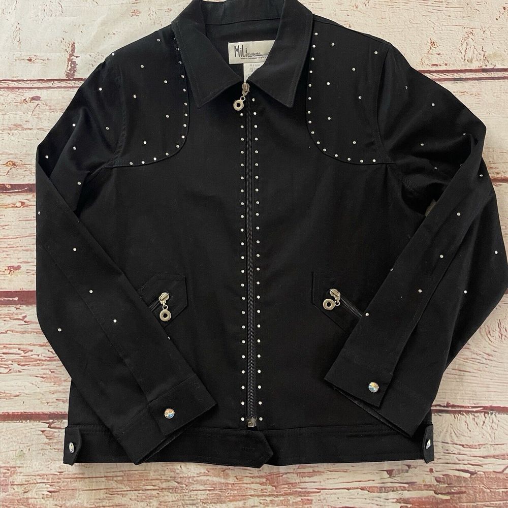 Vintage Mili Designs Women's Jacket Small Black Rhinestone Button 90s Y2K